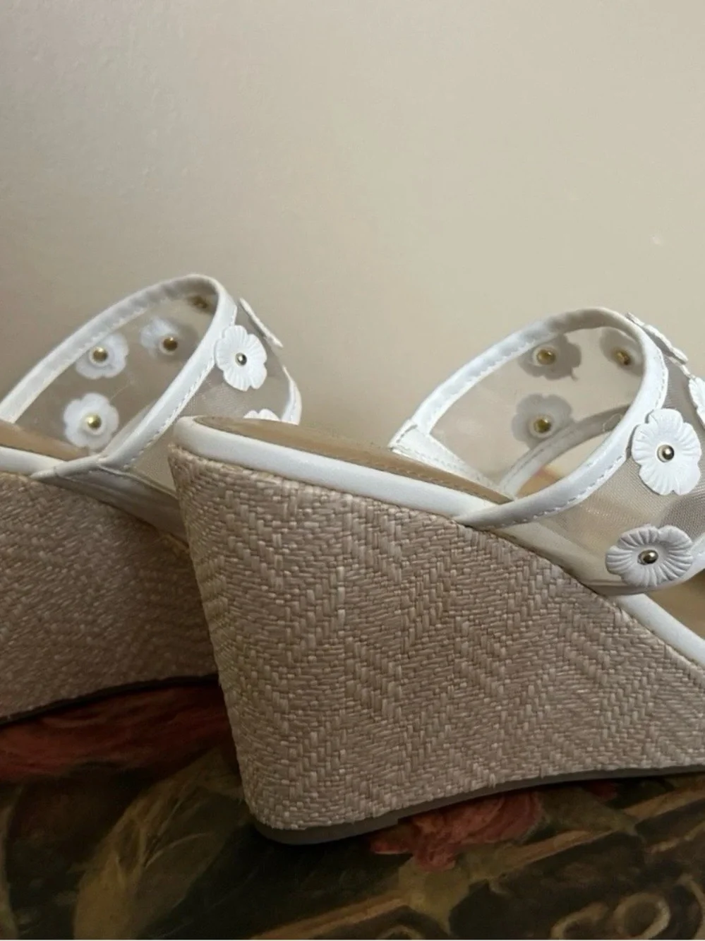 White Floral Mesh Espadrille Wedge Sandals